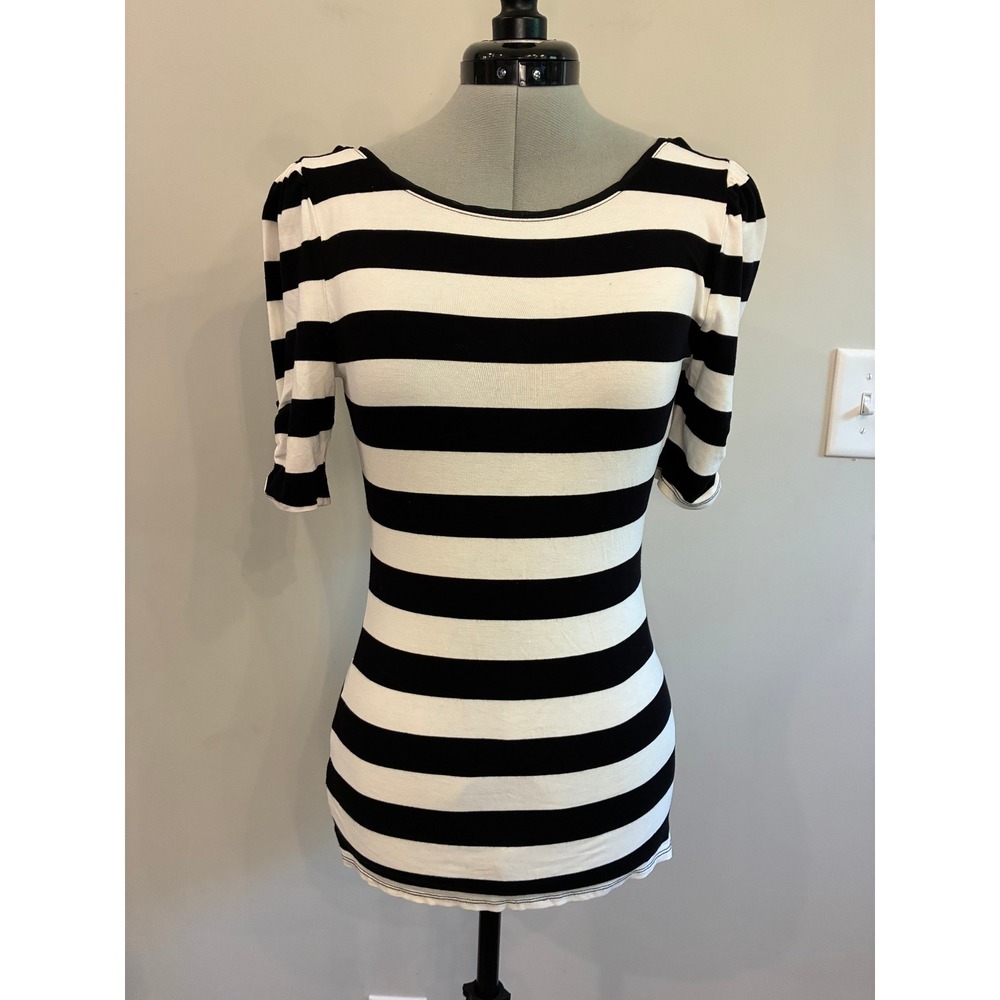 White House Black Market Striped Puff Sleeve Scoop Neck Top Black White XS